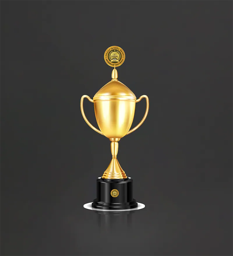 Gold trophy with an industry award medallion