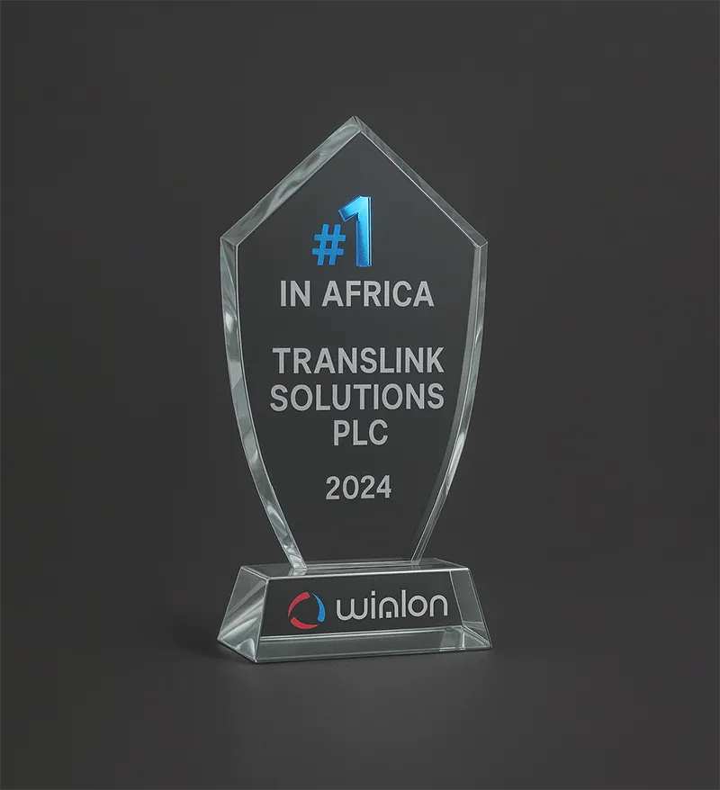 Crystal trophy engraved: #1 in Africa, Translink Solutions PLC, 2024, Wialon