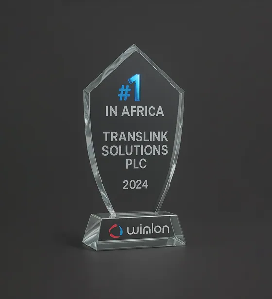 Crystal trophy engraved: #1 in Africa, Translink Solutions PLC, 2024, Wialon