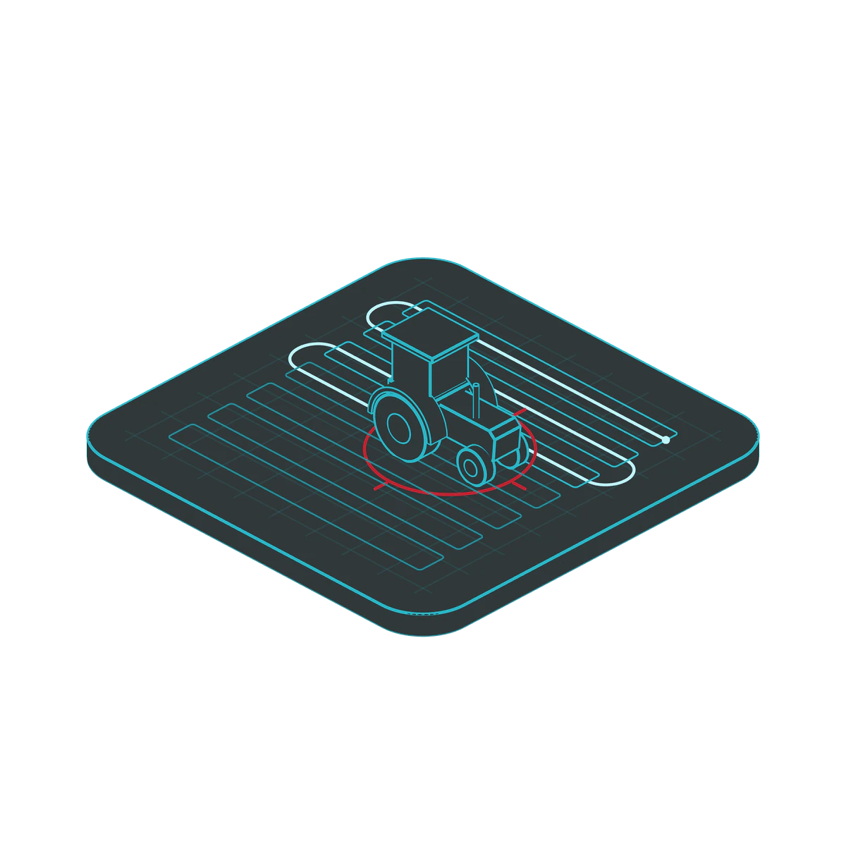 Tractor partway through a field, worked rows in cyan, its position ringed in red