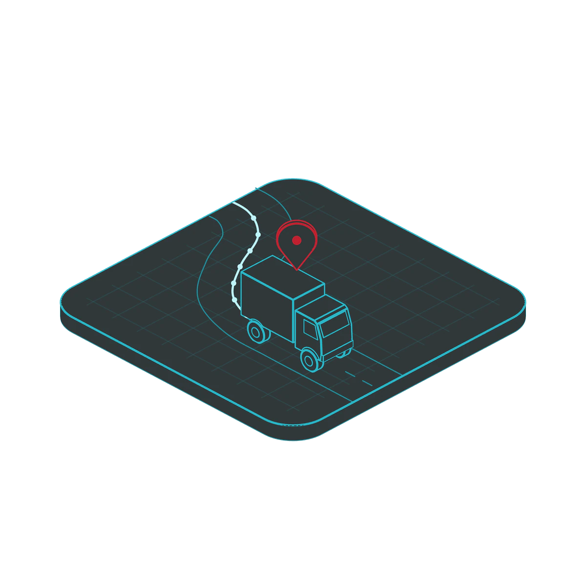 Truck on a winding road with its route trail and a red live-location pin
